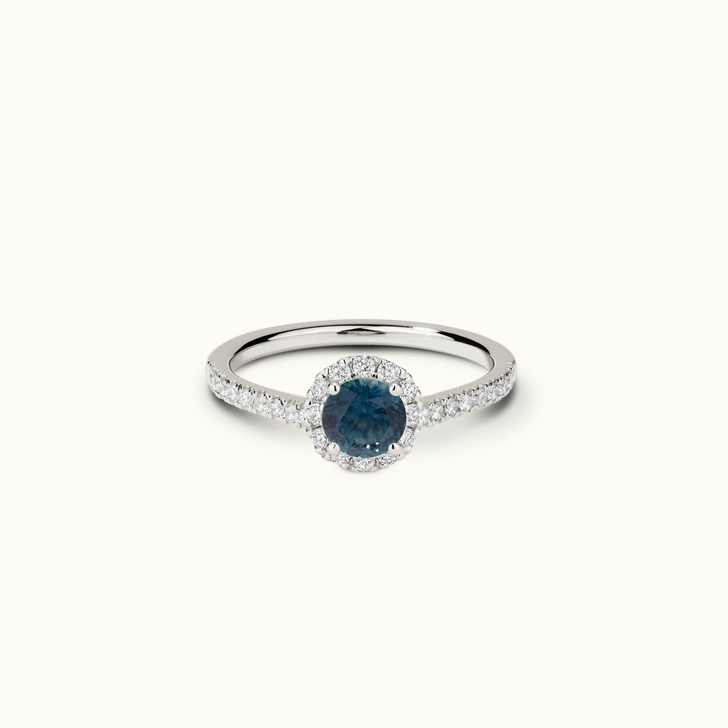 Jewellers District's Blooming Australian Sapphire Halo Engagement Ring with Accent Diamond in 14k White Gold, Round