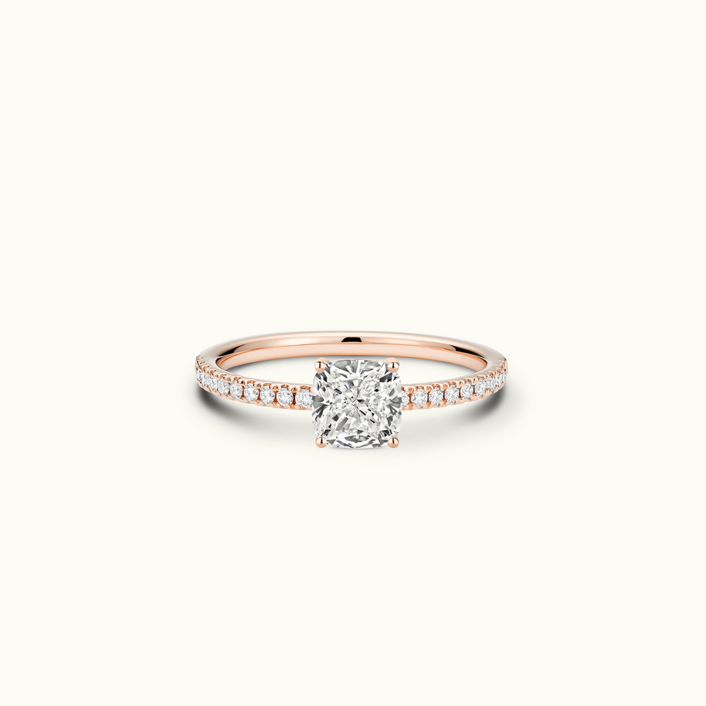 Jewellers District's Diamond Engagement Ring with Signature Knot-Basket and Diamond Band in 14k Rose Gold, Cushion