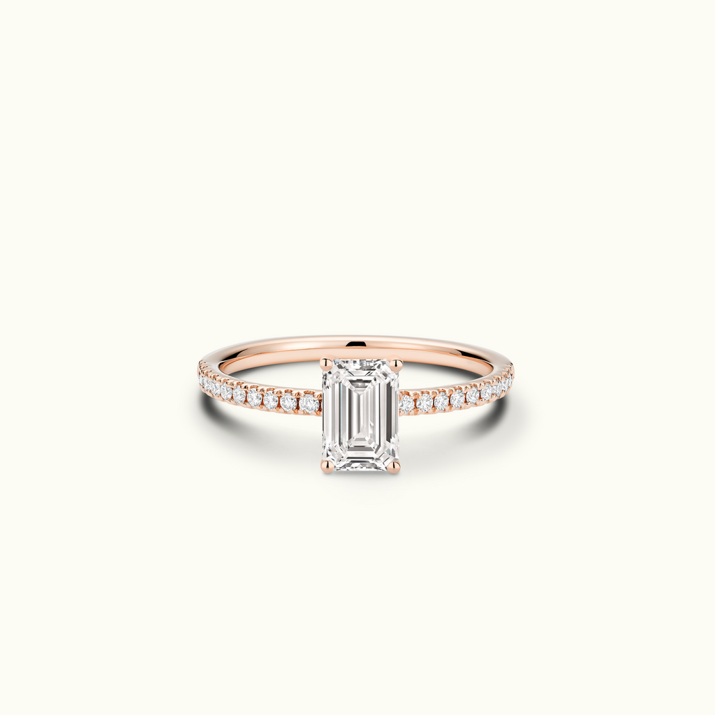 Jewellers District's Diamond Engagement Ring with Signature Knot-Basket and Diamond Band in 14k Rose Gold, Emerald