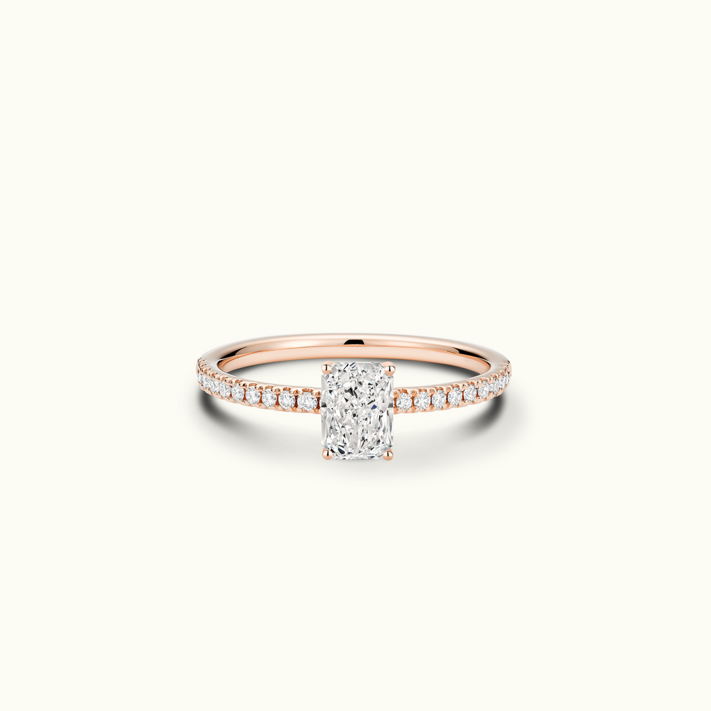 Jewellers District's Diamond Engagement Ring with Signature Knot-Basket and Diamond Band in 14k Rose Gold, Radiant