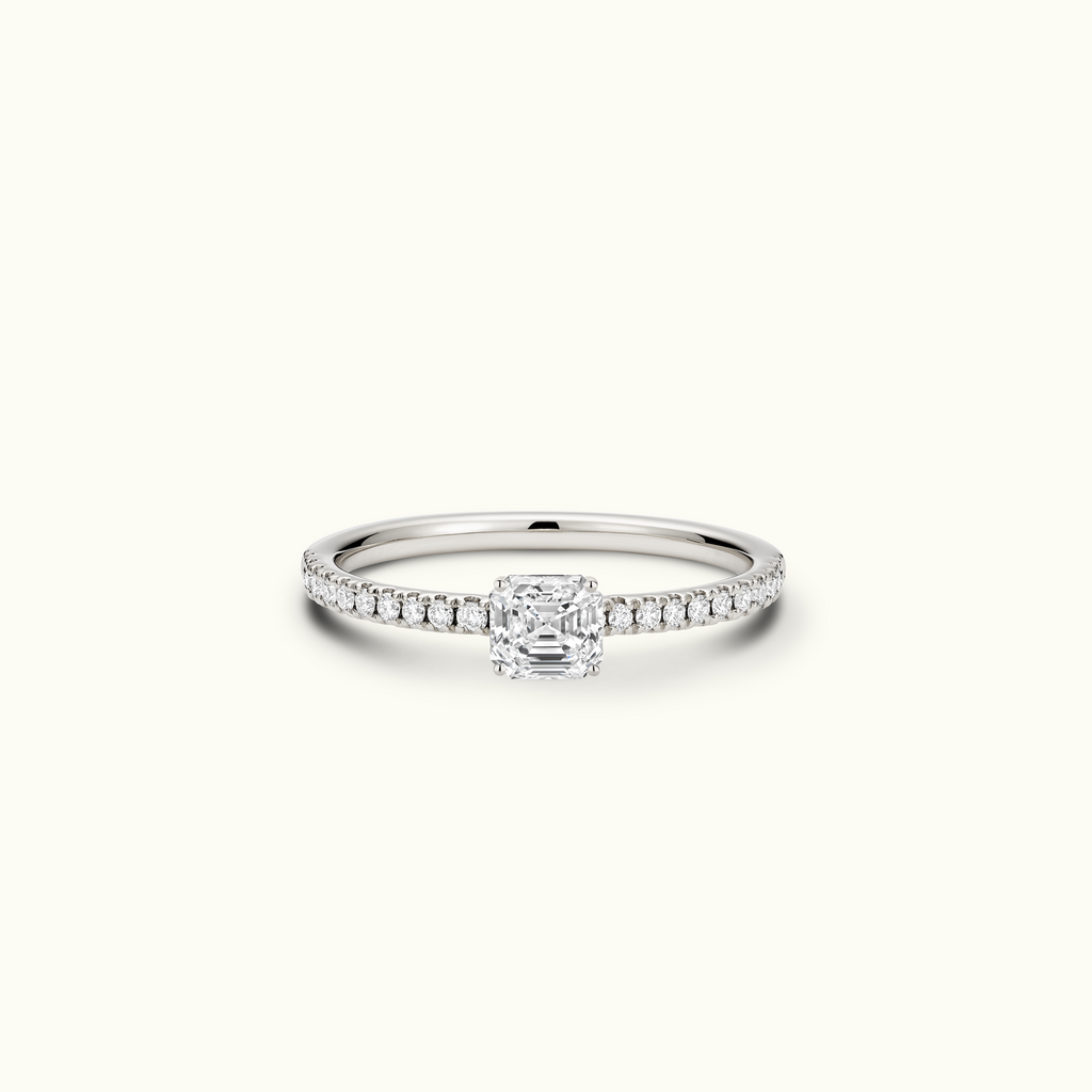 Jewellers District's Diamond Engagement Ring with Signature Knot-Basket and Diamond Band in 14k White Gold, Asscher