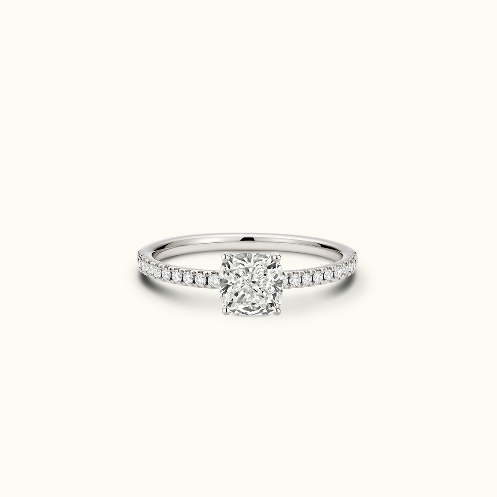 Jewellers District's Diamond Engagement Ring with Signature Knot-Basket and Diamond Band in 14k White Gold, Cushion