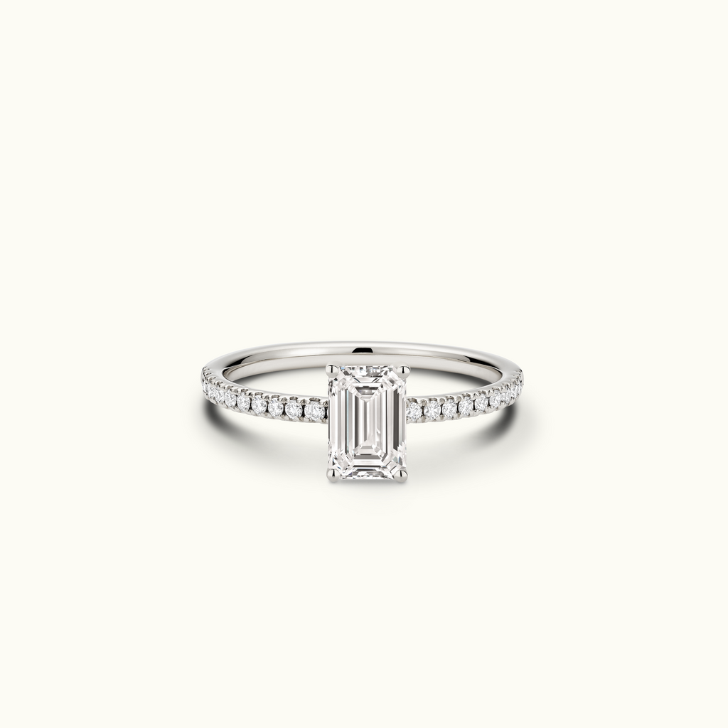 Jewellers District's Diamond Engagement Ring with Signature Knot-Basket and Diamond Band in 14k White Gold, Emerald