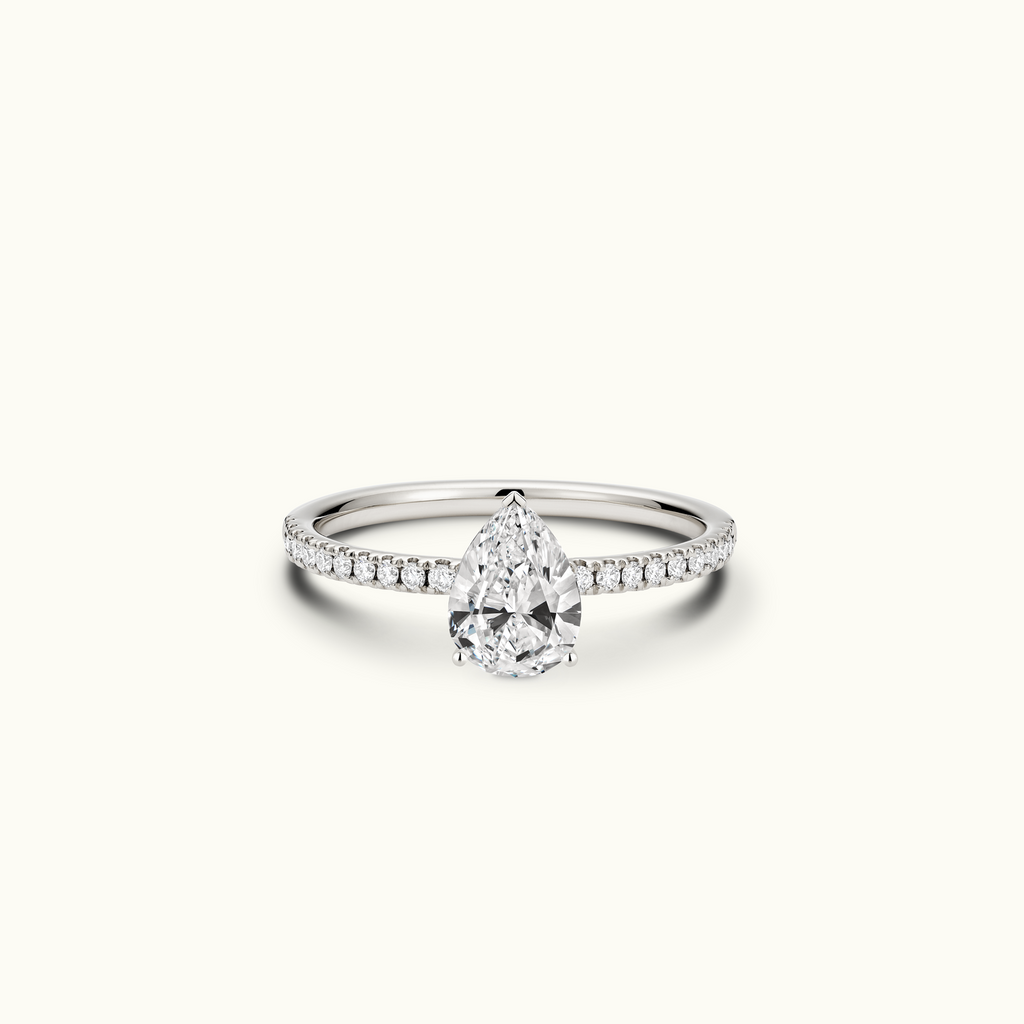 Jewellers District's Diamond Engagement Ring with Signature Knot-Basket and Diamond Band in 14k White Gold, Pear