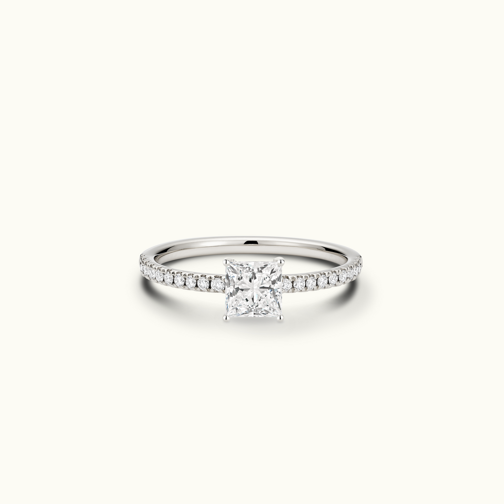 Jewellers District's Diamond Engagement Ring with Signature Knot-Basket and Diamond Band in 14k White Gold, Princess