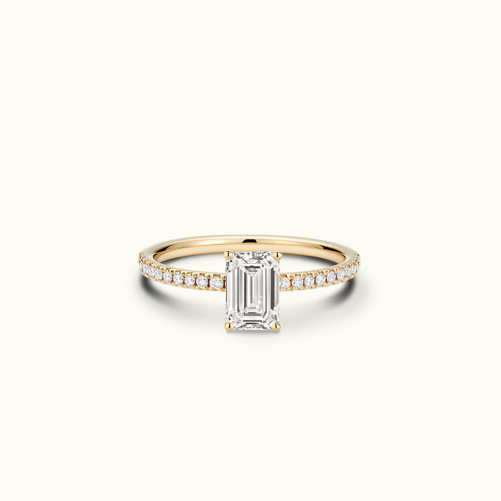 Jewellers District's Diamond Engagement Ring with Signature Knot-Basket and Diamond Band in 14k Yellow Gold, Emerald