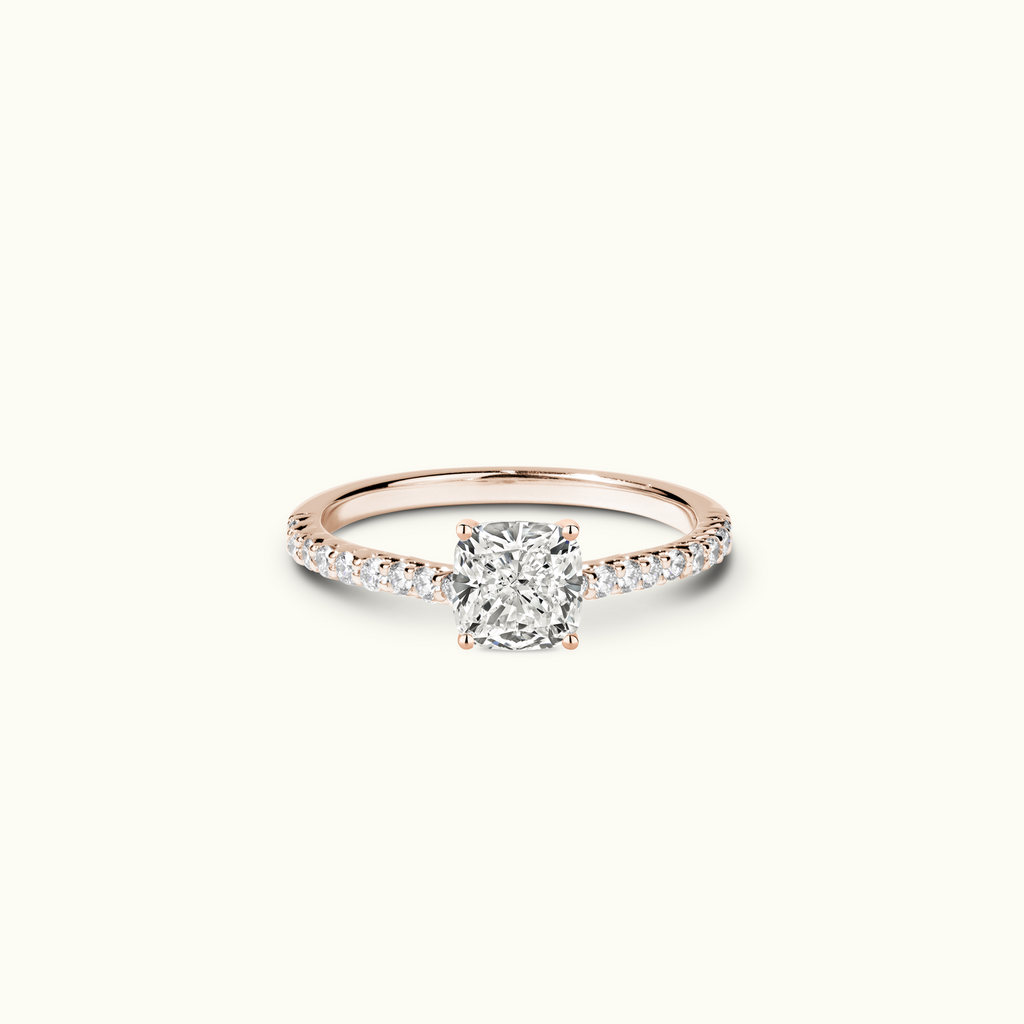 Jewellers District's Diamond Engagement Ring with Diamond Pavé Prongs and Signature Knot Setting in 14k Rose Gold, Cushion