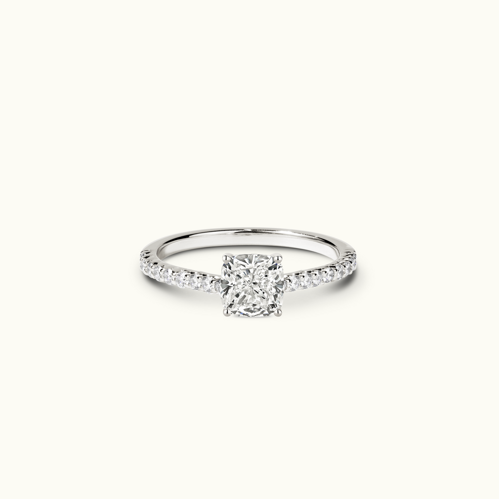 Jewellers District's Diamond Engagement Ring with Diamond Pavé Prongs and Signature Knot Setting in 14k White Gold, Cushion