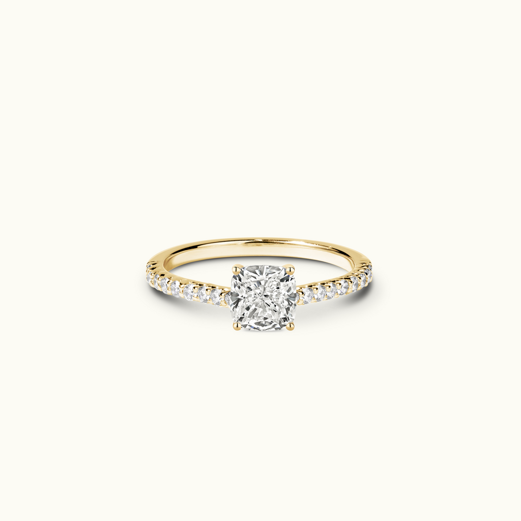 Jewellers District's Diamond Engagement Ring with Diamond Pavé Prongs and Signature Knot Setting in 14k Yellow Gold, Cushion