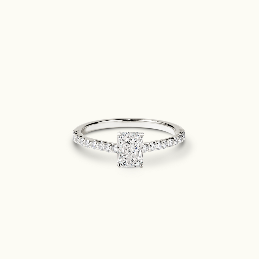 Jewellers District's Cathedral-Setting Diamond Engagement Ring with Diamond Prongs in 14k White Gold, Radiant