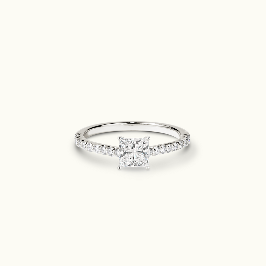 Jewellers District's Cathedral-Setting Diamond Engagement Ring with Diamond Prongs in 14k White Gold, Princess