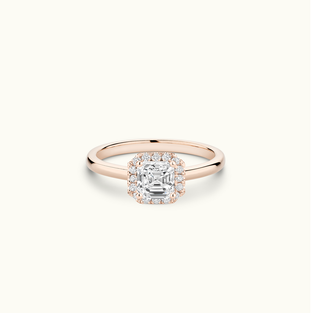 Jewellers District's Cathedral-Setting Diamond Halo Engagement Ring in 14k Rose Gold, Asscher