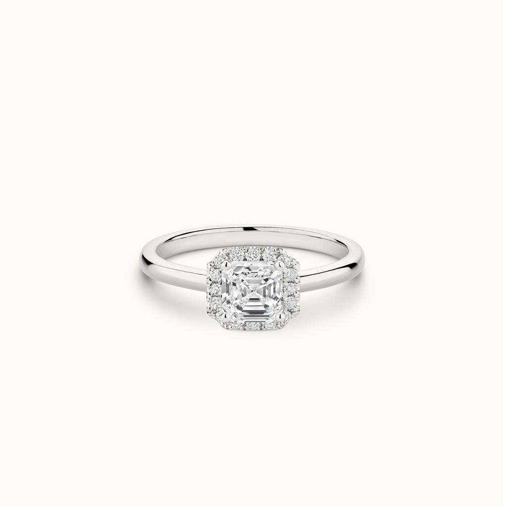 Jewellers District's Cathedral-Setting Diamond Halo Engagement Ring in 14k White Gold, Asscher