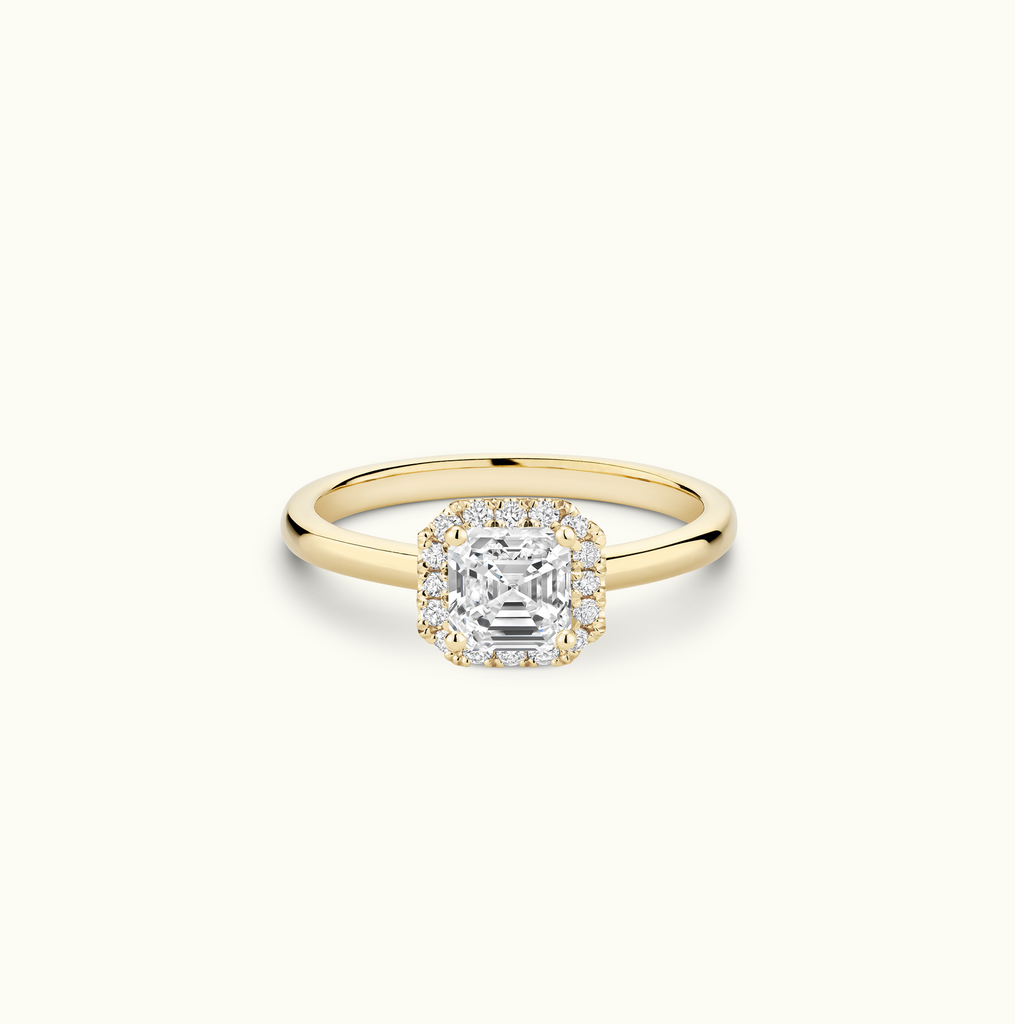 Jewellers District's Cathedral-Setting Diamond Halo Engagement Ring in 14k Yellow Gold, Asscher