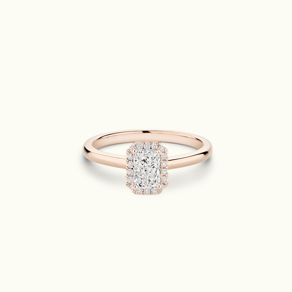 Jewellers District's Cathedral-Setting Diamond Halo Engagement Ring in 14k Rose Gold, Radiant