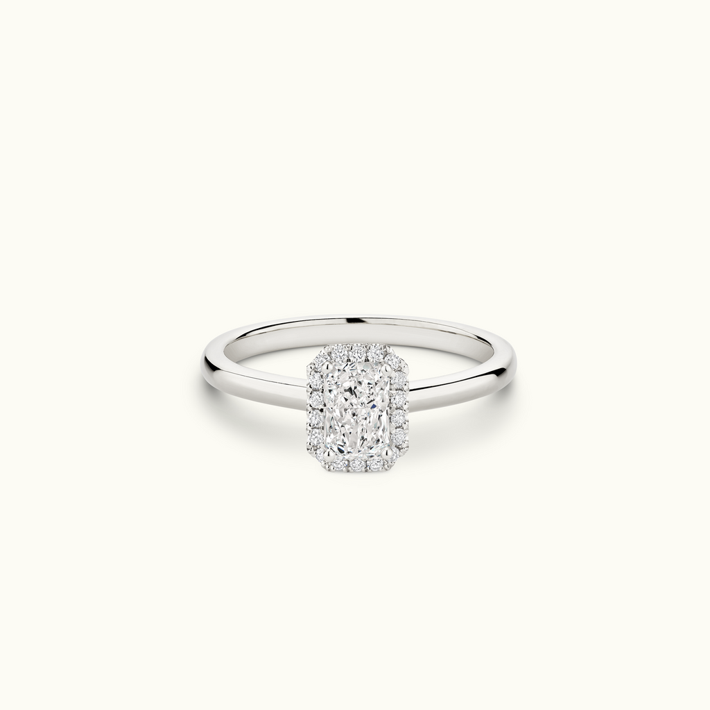 Jewellers District's Cathedral-Setting Diamond Halo Engagement Ring in 14k White Gold, Radiant