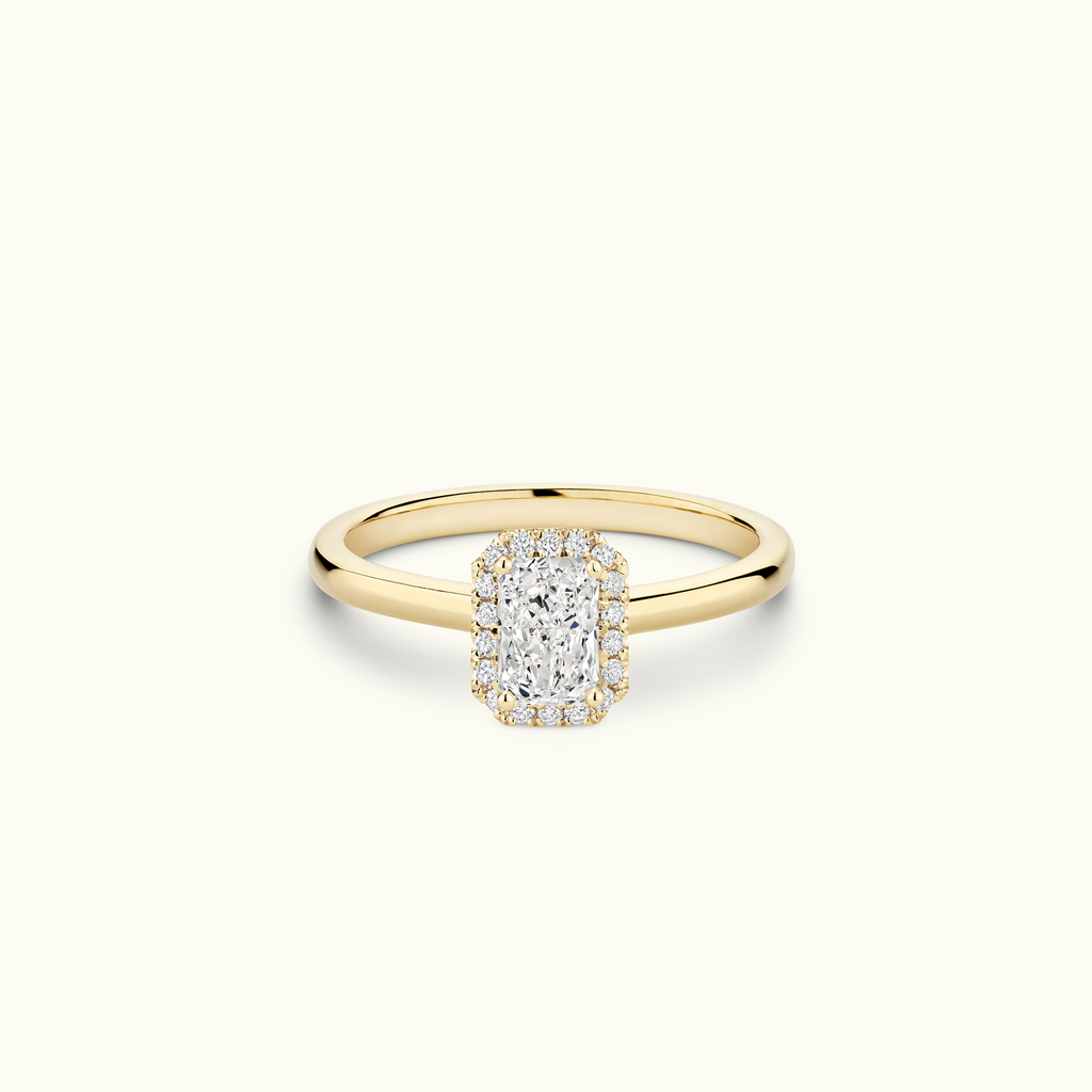 Jewellers District's Cathedral-Setting Diamond Halo Engagement Ring in 14k Yellow Gold, Radiant