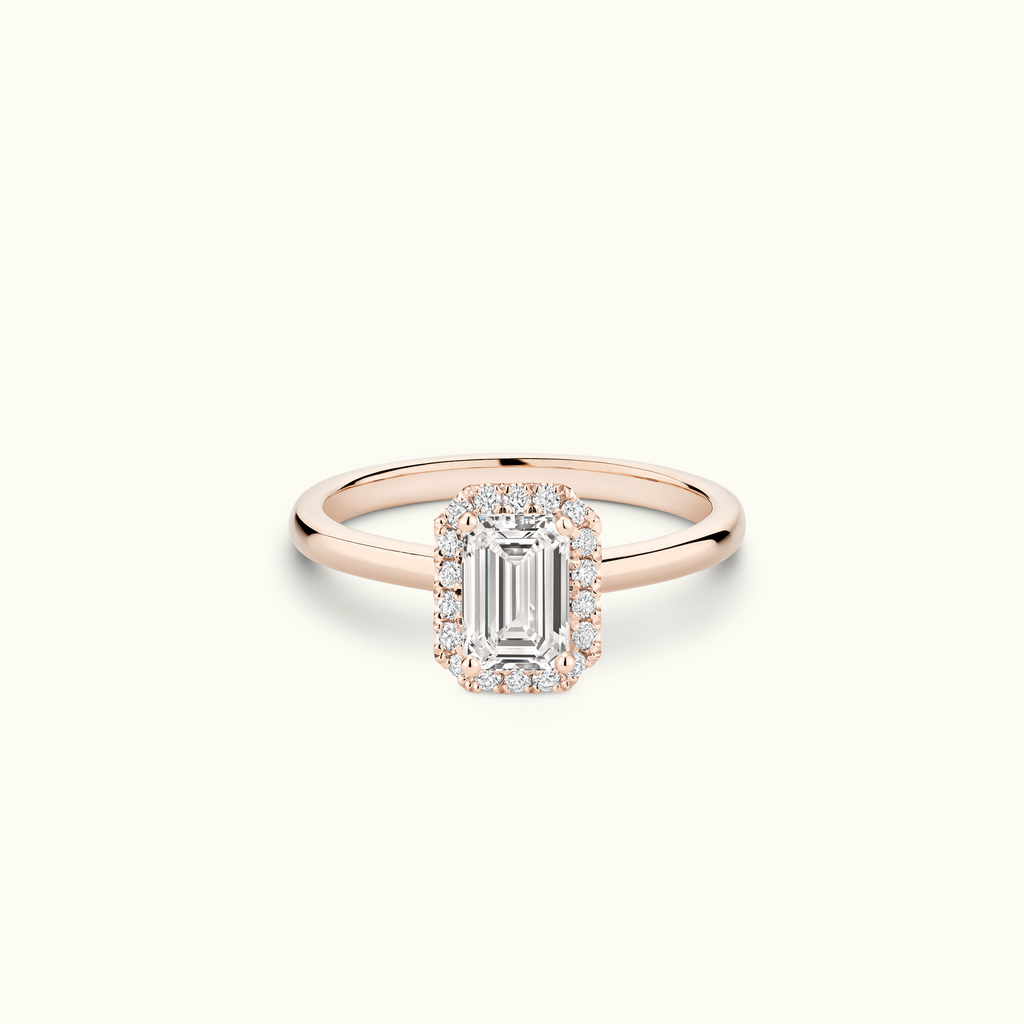 Jewellers District's Cathedral-Setting Diamond Halo Engagement Ring in 14k Rose Gold, Emerald