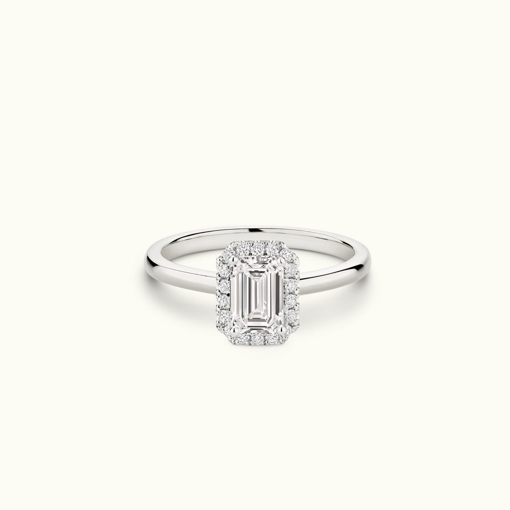 Jewellers District's Cathedral-Setting Diamond Halo Engagement Ring in 14k White Gold, Emerald