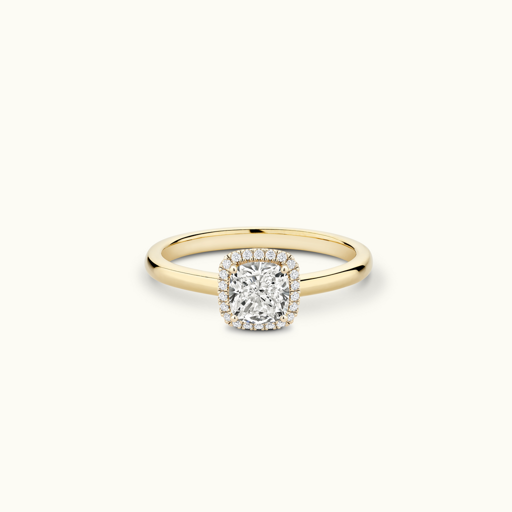 Jewellers District's Cathedral-Setting Diamond Halo Engagement Ring in 14k Yellow Gold, Cushion