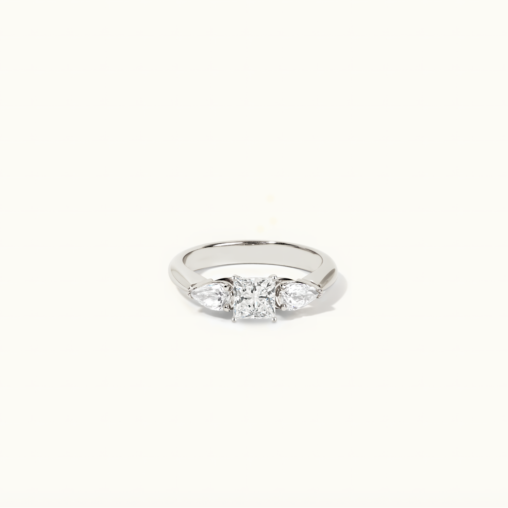 Jewellers District's Three-Stone Diamond Engagement Ring with Side Pear Diamonds in 14k White Gold, Princess