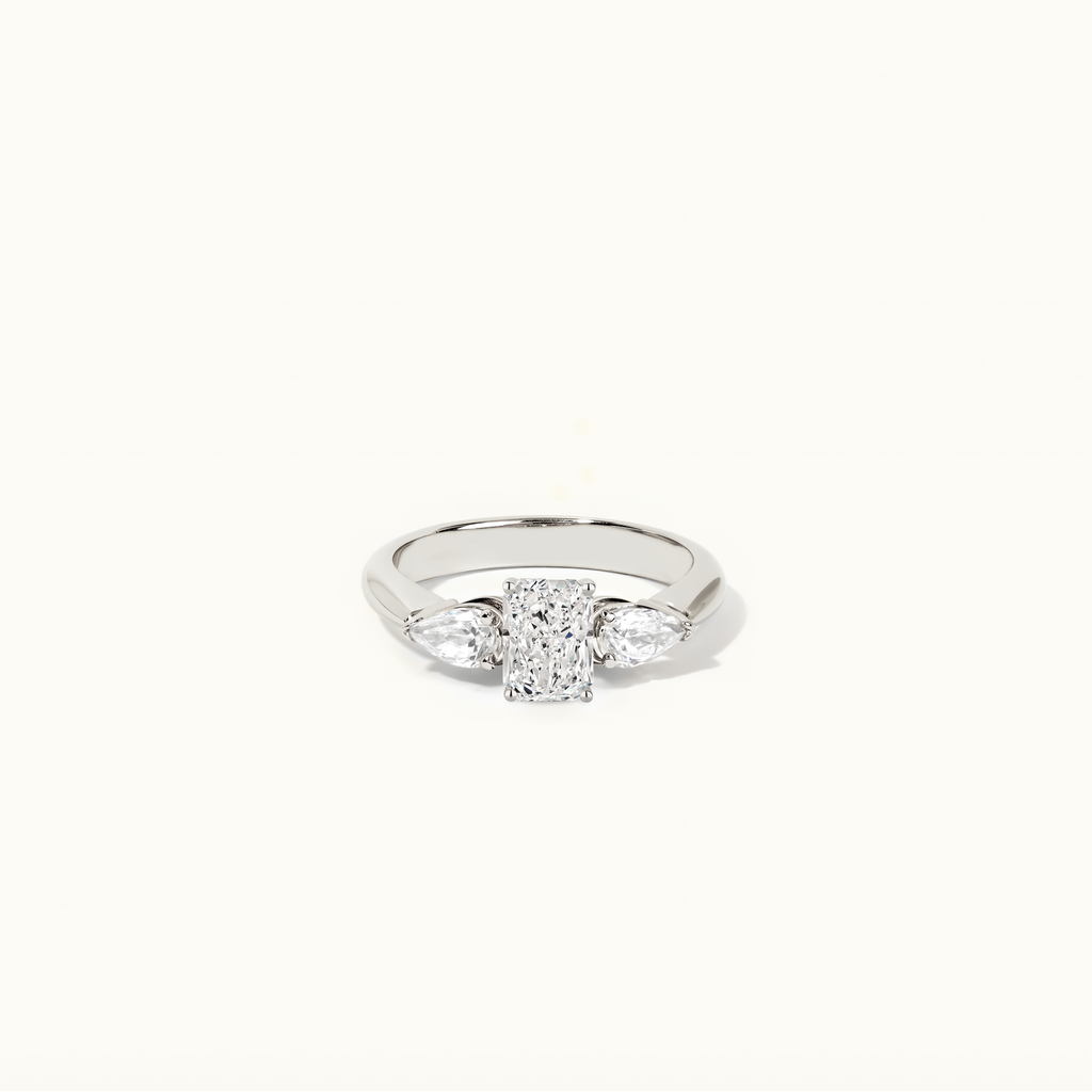 Jewellers District's Three-Stone Diamond Engagement Ring with Side Pear Diamonds in 14k White Gold, Radiant