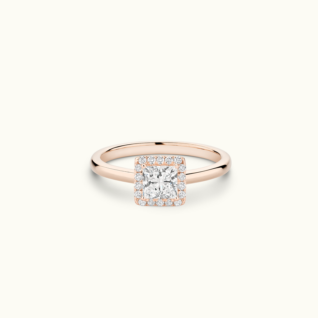 Jewellers District's Cathedral-Setting Diamond Halo Engagement Ring in 14k Rose Gold, Princess