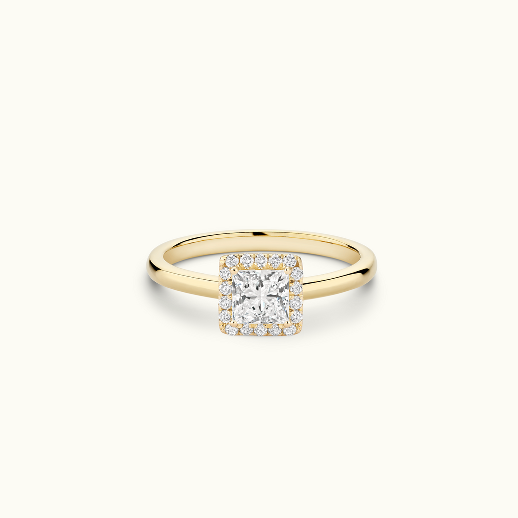 Jewellers District's Cathedral-Setting Diamond Halo Engagement Ring in 14k Yellow Gold, Princess