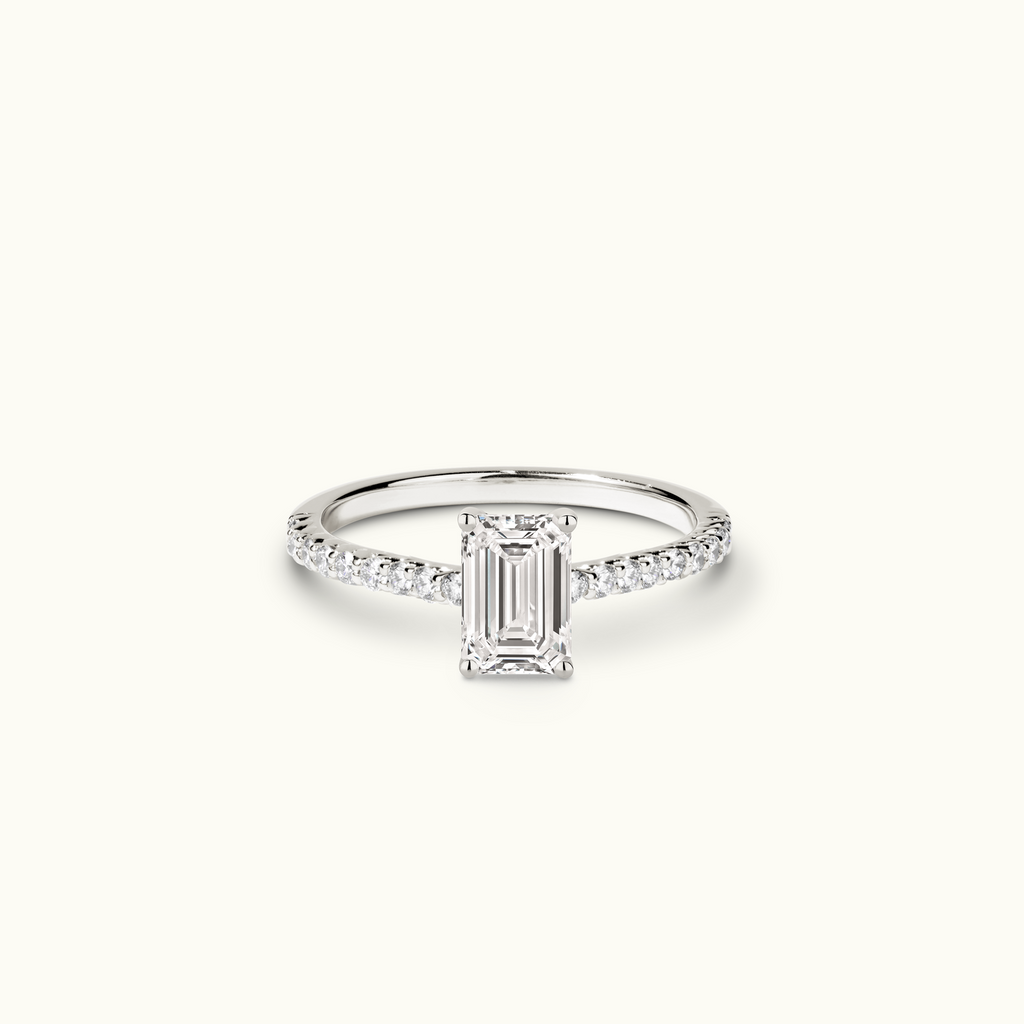 Jewellers District's Cathedral-Setting Diamond Engagement Ring with Diamond Prongs in 14k White Gold, Emerald