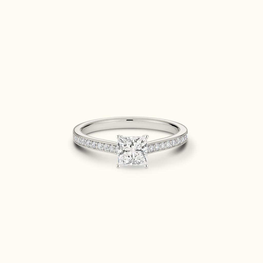 Jewellers District's Diamond Engagement Ring with Bright-Cut Pavé in 14k White Gold, Princess