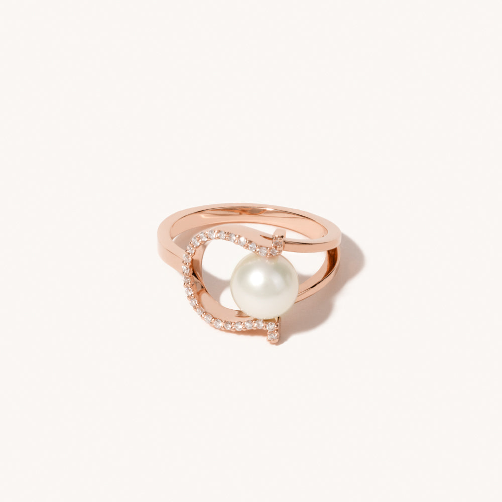 Face view of Jewellers District's Horseshoe Freshwater Pearl Ring with Diamond Pavé in 14k Rose Gold