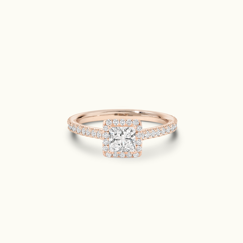 Jewellers District's Cathedral-Setting Diamond Halo Engagement Ring with Diamond Band in 14k Rose Gold, Princess