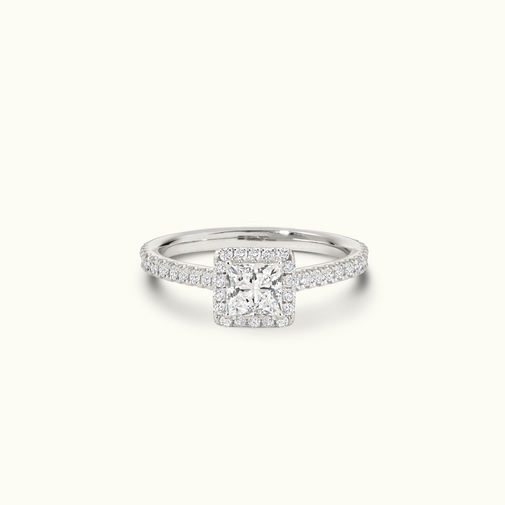 Jewellers District's Cathedral-Setting Diamond Halo Engagement Ring with Diamond Band in 14k White Gold, Princess