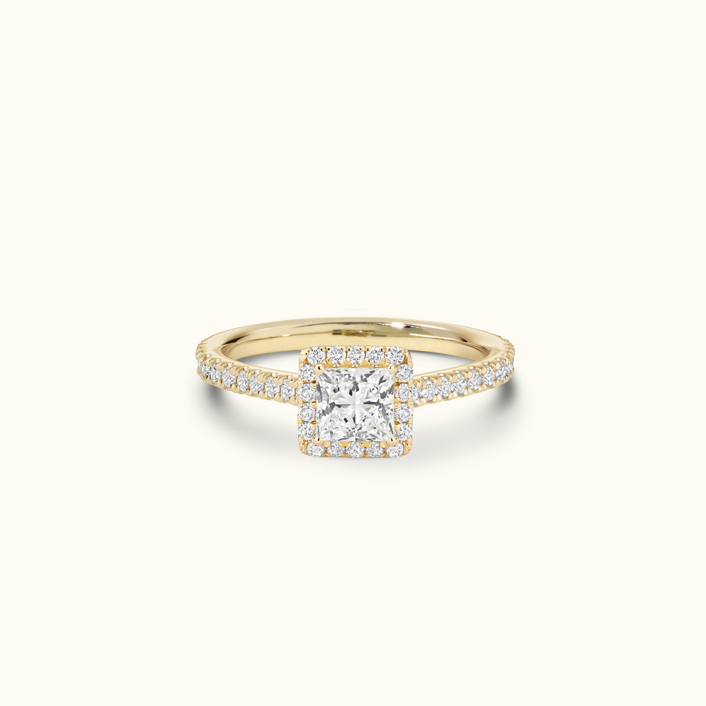 Jewellers District's Cathedral-Setting Diamond Halo Engagement Ring with Diamond Band in 14k Yellow Gold, Princess