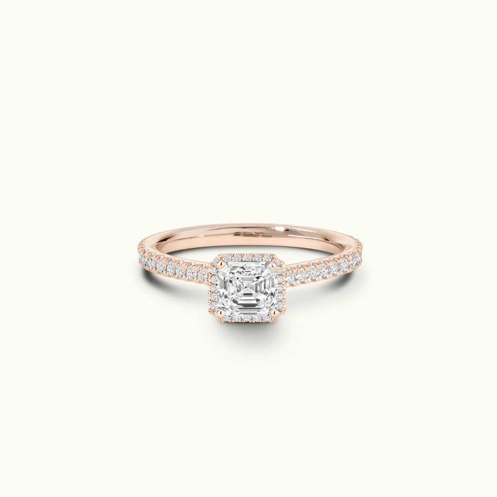 Jewellers District's Cathedral-Setting Diamond Halo Engagement Ring with Diamond Band in 14k Rose Gold, Asscher