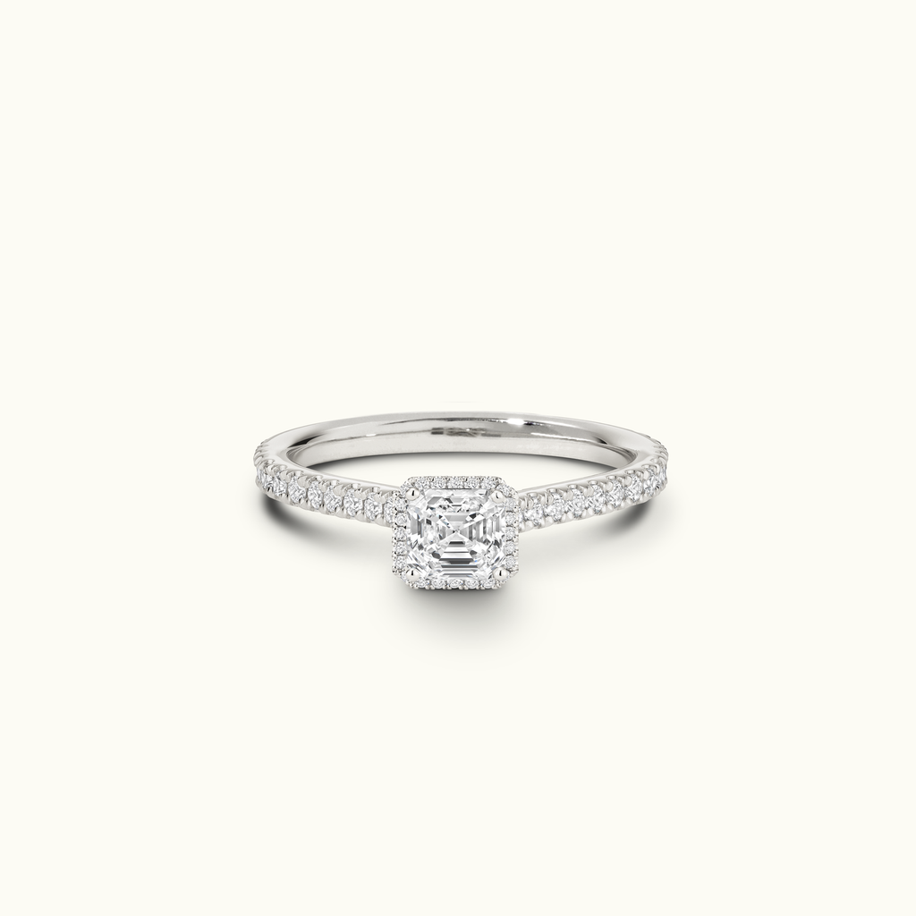 Jewellers District's Cathedral-Setting Diamond Halo Engagement Ring with Diamond Band in 14k White Gold, Asscher