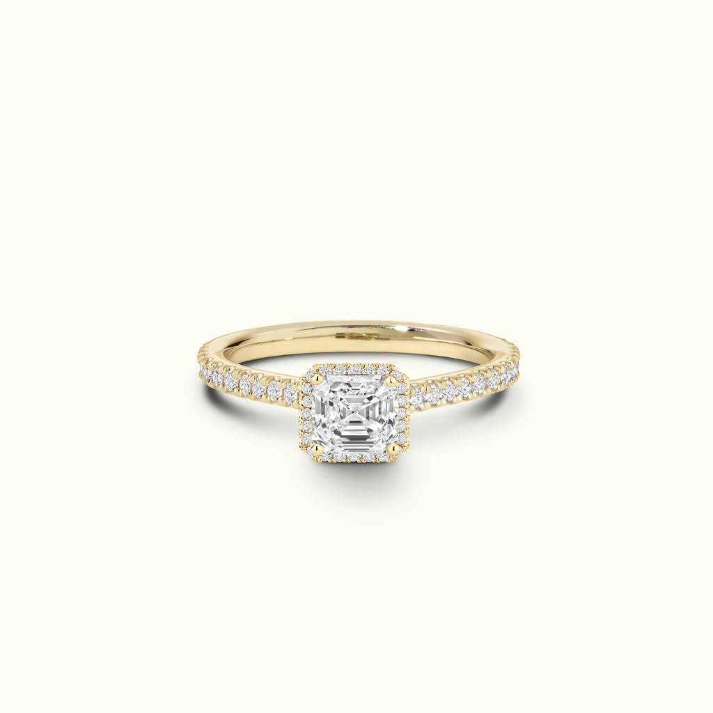 Jewellers District's Cathedral-Setting Diamond Halo Engagement Ring with Diamond Band in 14k Yellow Gold, Asscher