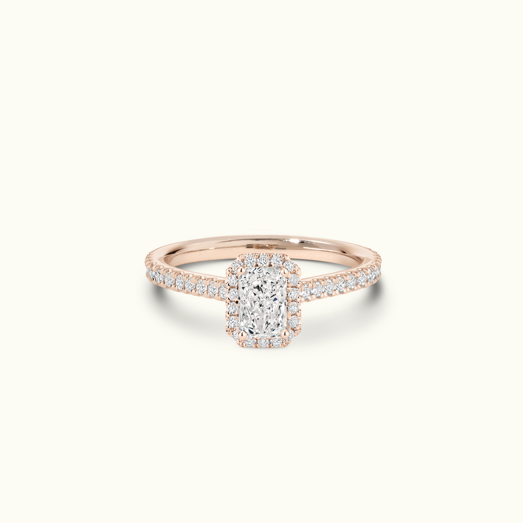 Jewellers District's Cathedral-Setting Diamond Halo Engagement Ring with Diamond Band in 14k Rose Gold, Radiant