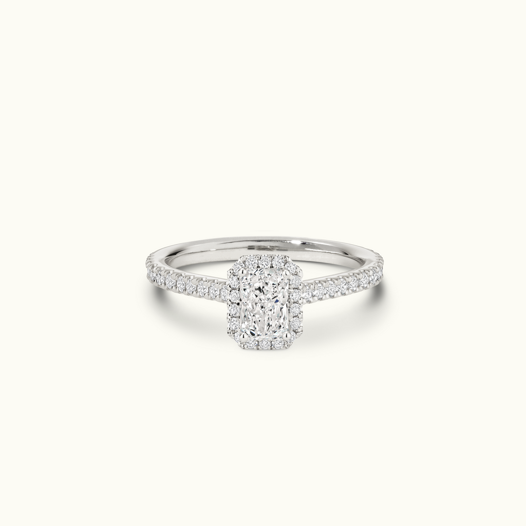 Jewellers District's Cathedral-Setting Diamond Halo Engagement Ring with Diamond Band in 14k White Gold, Radiant