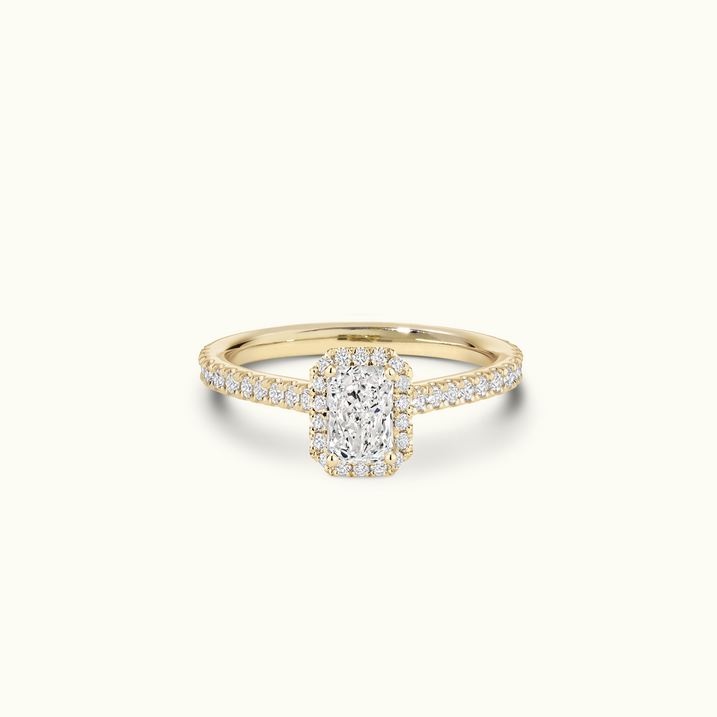 Jewellers District's Cathedral-Setting Diamond Halo Engagement Ring with Diamond Band in 14k Yellow Gold, Radiant