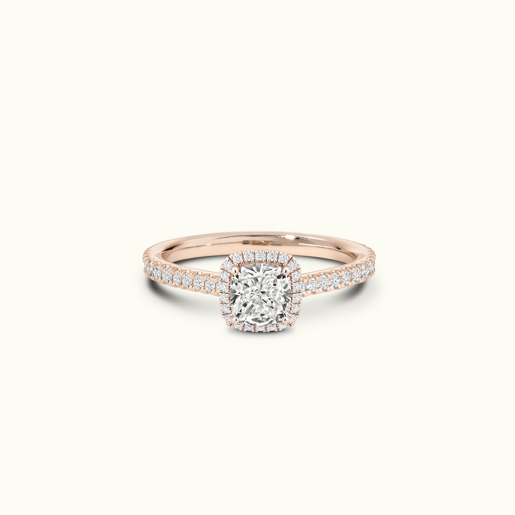 Jewellers District's Cathedral-Setting Diamond Halo Engagement Ring with Diamond Band in 14k Rose Gold, Cushion