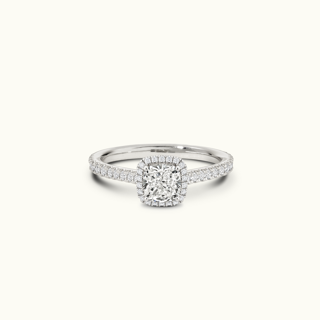 Jewellers District's Cathedral-Setting Diamond Halo Engagement Ring with Diamond Band in 14k White Gold, Cushion