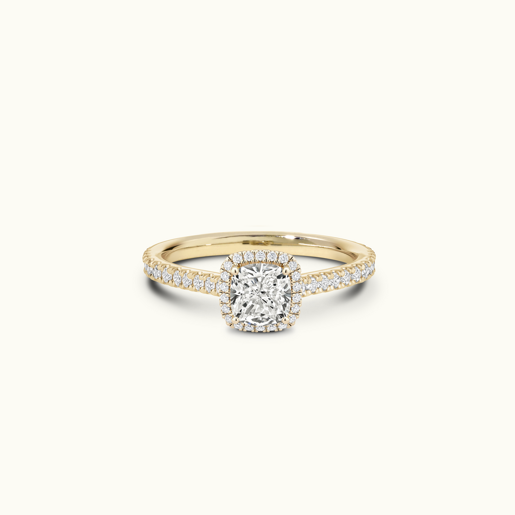 Jewellers District's Cathedral-Setting Diamond Halo Engagement Ring with Diamond Band in 14k Yellow Gold, Cushion