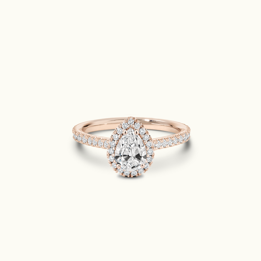 Jewellers District's Cathedral-Setting Diamond Halo Engagement Ring with Diamond Band in 14k Rose Gold, Pear