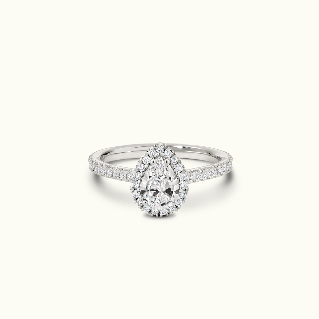 Jewellers District's Cathedral-Setting Diamond Halo Engagement Ring with Diamond Band in 14k White Gold, Pear