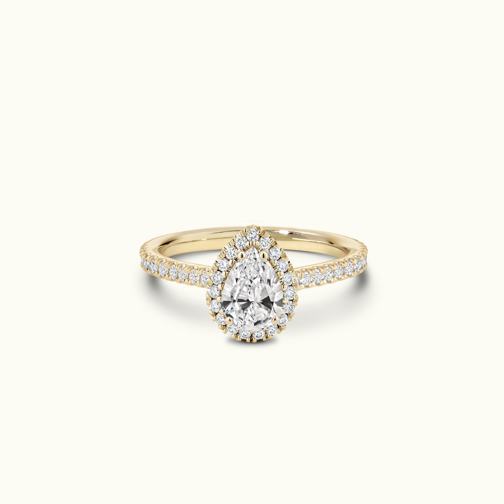 Jewellers District's Cathedral-Setting Diamond Halo Engagement Ring with Diamond Band in 14k Yellow Gold, Pear