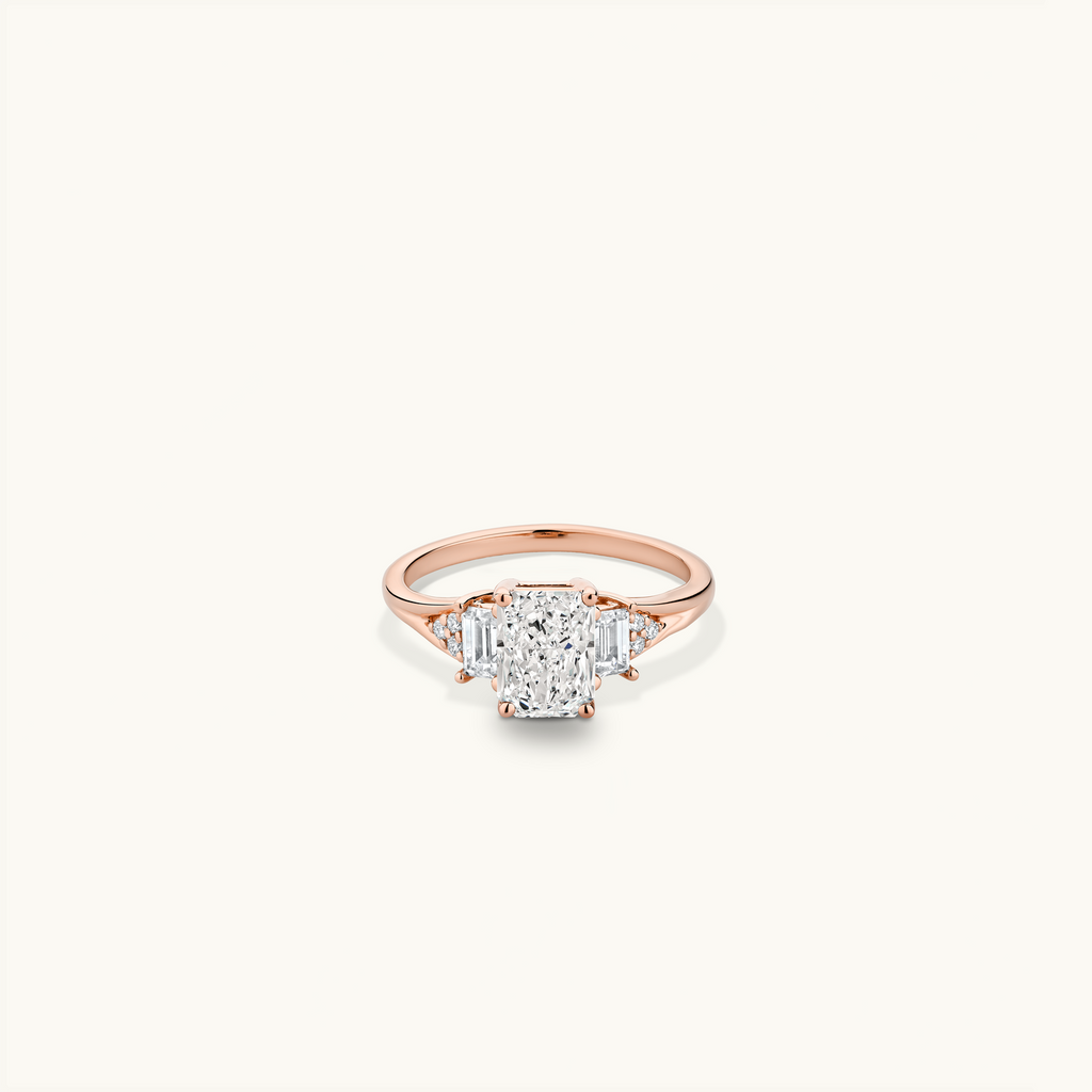 Jewellers District's Three-Stone Engagement ring with Cluster Side Diamonds in 14k Rose Gold, Radiant