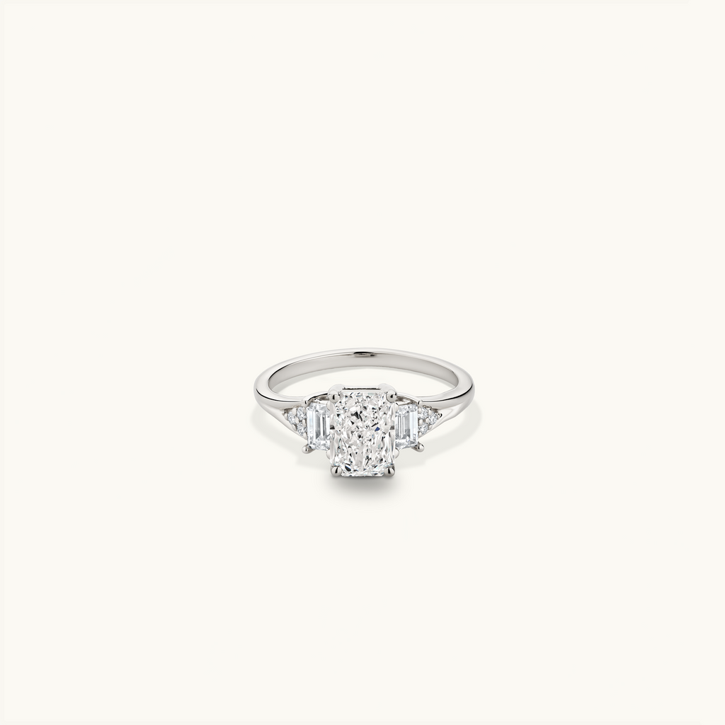 Jewellers District's Three-Stone Engagement ring with Cluster Side Diamonds in 14k White Gold, Radiant