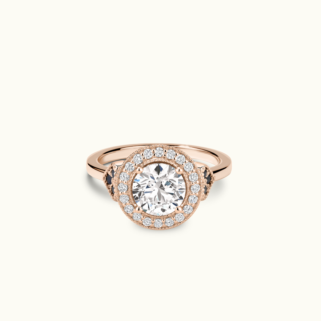 Jewellers District's Diamond Halo Engagement Ring with Side Diamonds and Milgrain in 14k Rose Gold, Round