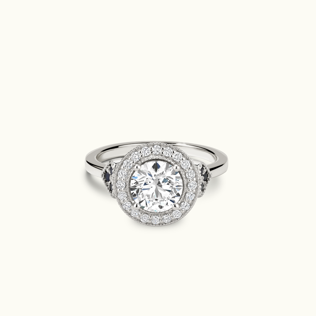 Jewellers District's Diamond Halo Engagement Ring with Side Diamonds and Milgrain in 14k White Gold, Round